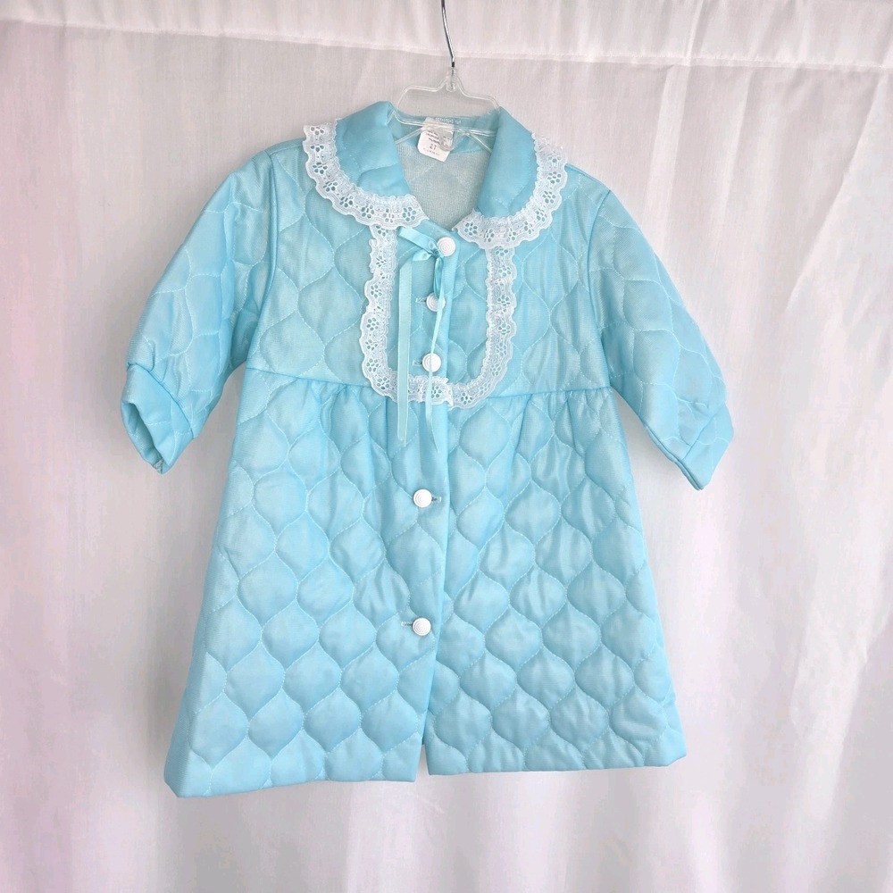 Vintage Girls Blue Quilted Housecoat Robe Size 2T Button Front Lace Trim